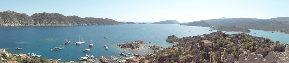 [Photo: panoramic view from Kale, Üçağız, 2011]